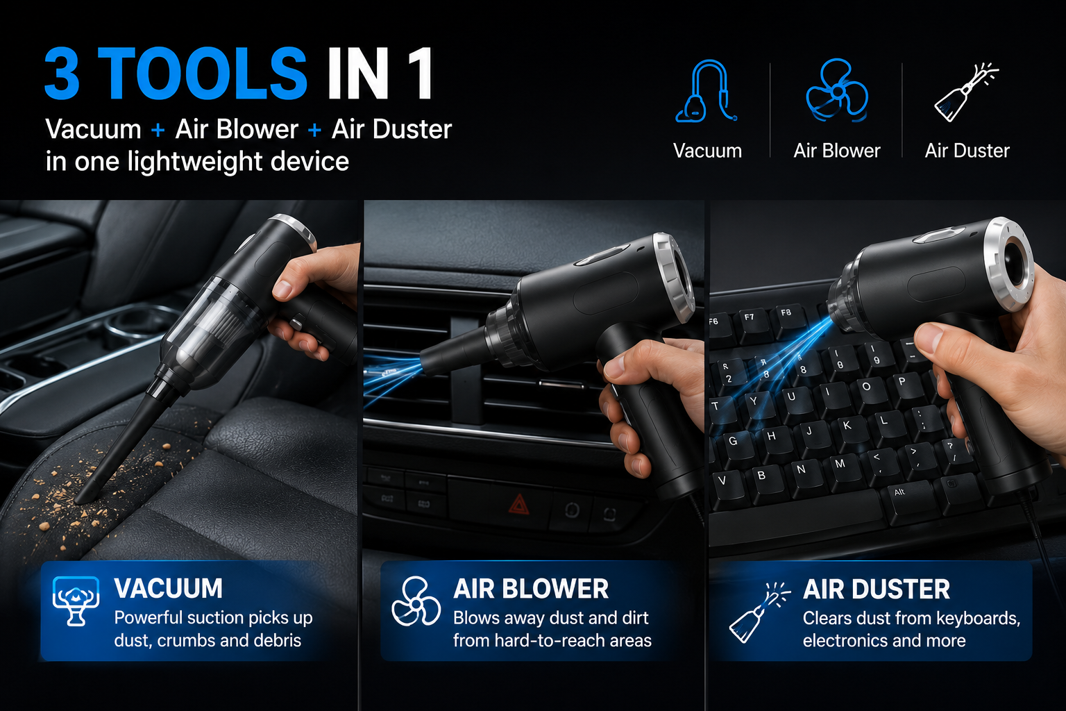 ShopNex™ AirPro 3-in-1 Cordless Air Duster & Vacuum