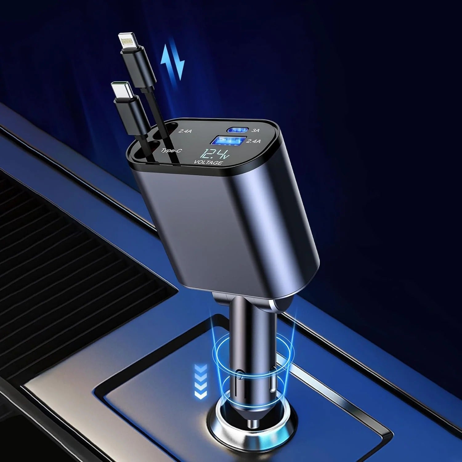 120W 4-in-1 Retractable Fast Car Charger | Type-C & iPhone Compatible